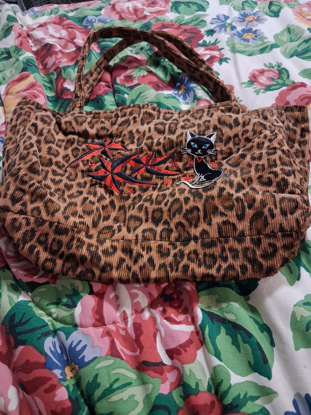 Leopard Print Tote with Embroidered Black Cat - Brown